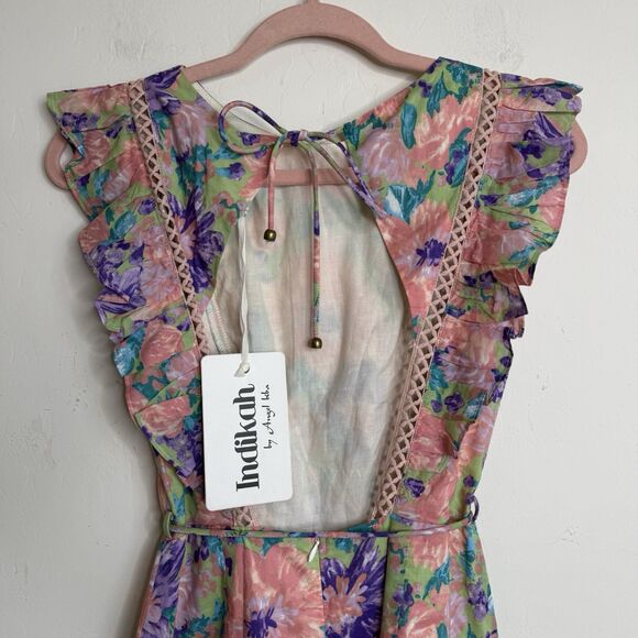 Indikah Angel Biba Womens XS Tiered Ruffle Open Back Colorful Floral Mini Dress - Picture 10 of 16